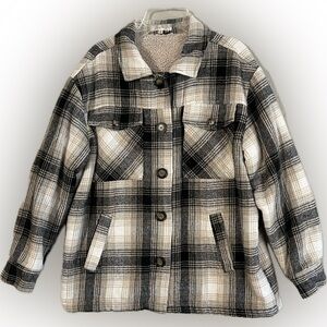 Ever B Sherpa Lined Plaid Jacket, Black Grey Khaki White, 4 Pocket, Buttons, S